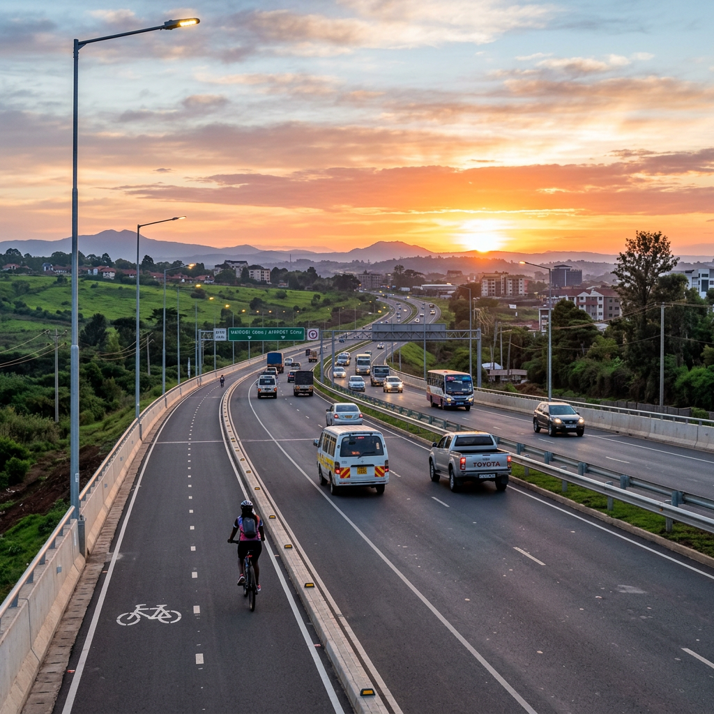 Modern African highway sunrise with bike lane